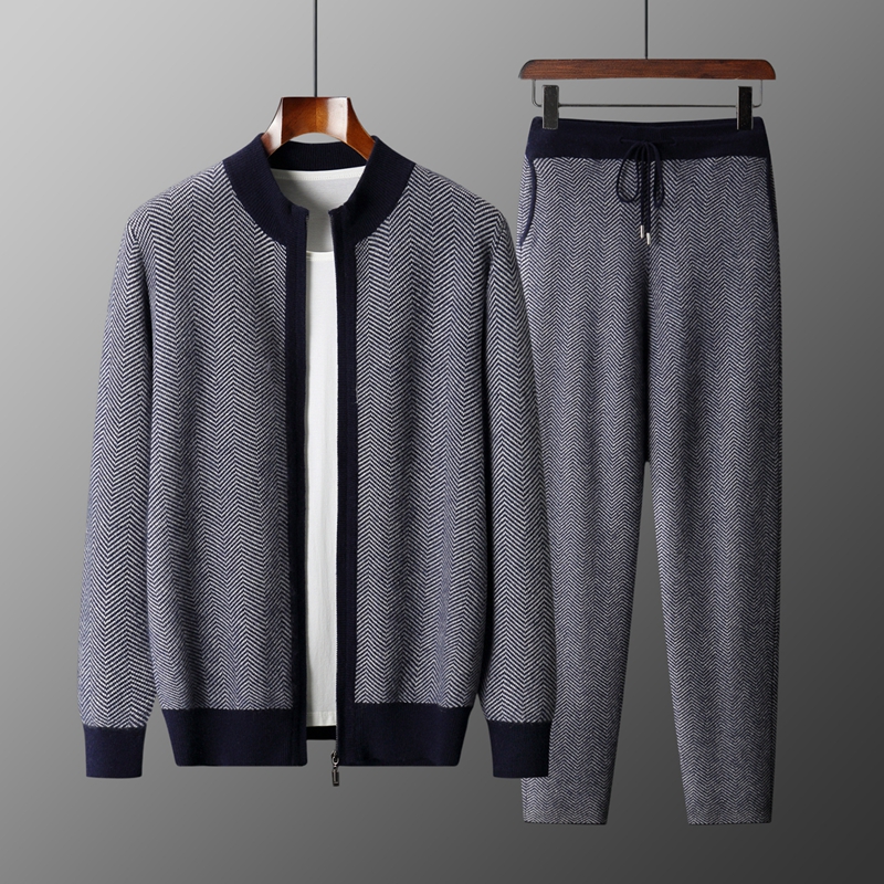 Knitted Cardigan Men - Set Rajutan Wol Merino 100% Jacquard